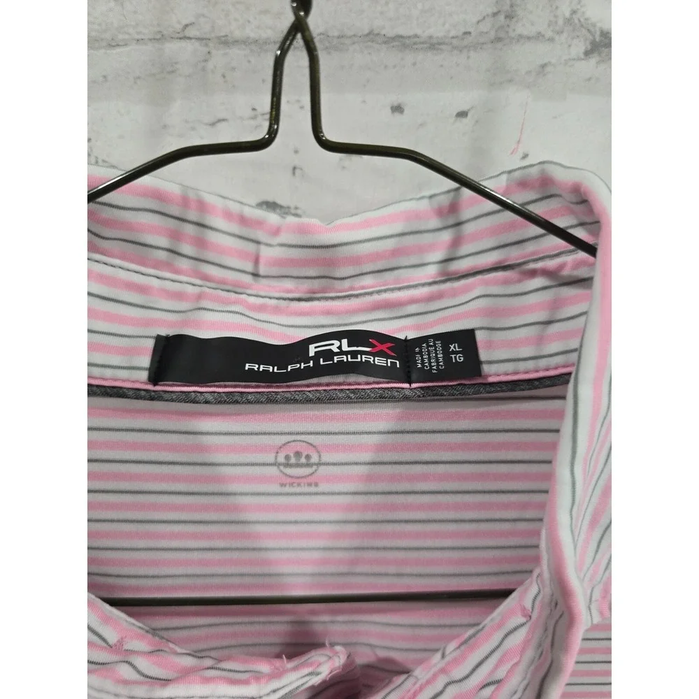 Ralph Lauren RLX Pink Gray White Horitzontal Stripe Polo Sz XL‎ Embroidered Logo
